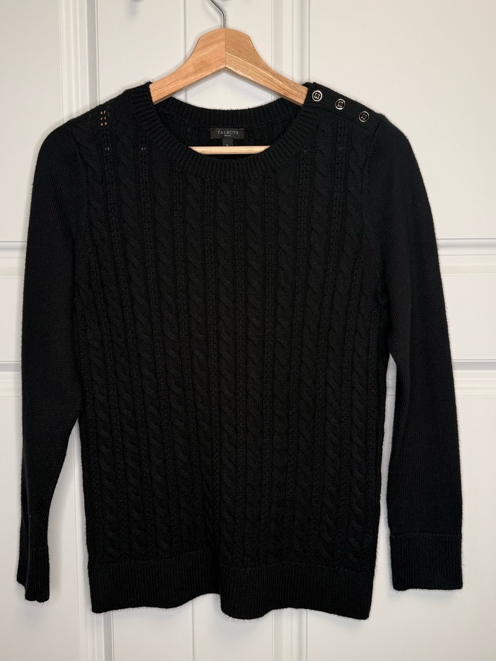 Talbots Petite Black Cable Knit Shoulder Button Sweater SP - Picture 3 of 11